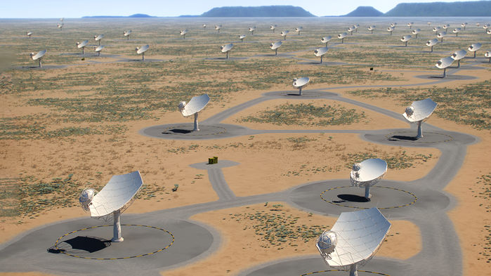 An artist’s impression of the Square Kilometre Array’s radio dishes in southern Africa. It will add 133 dishes to the existing 64-dish MeerKAT array in South Africa.