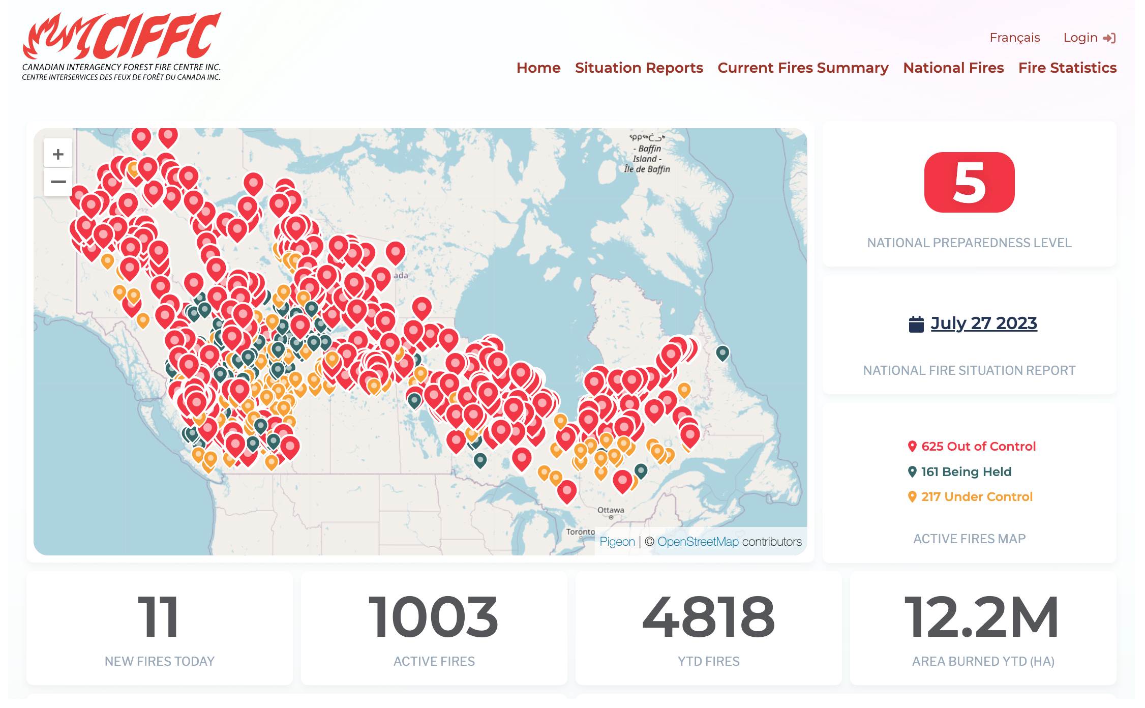 An interactive map from the Canadian Interagency Forest Fire Centre (CIFFC), captured on July 28, 2023. /CIFFC